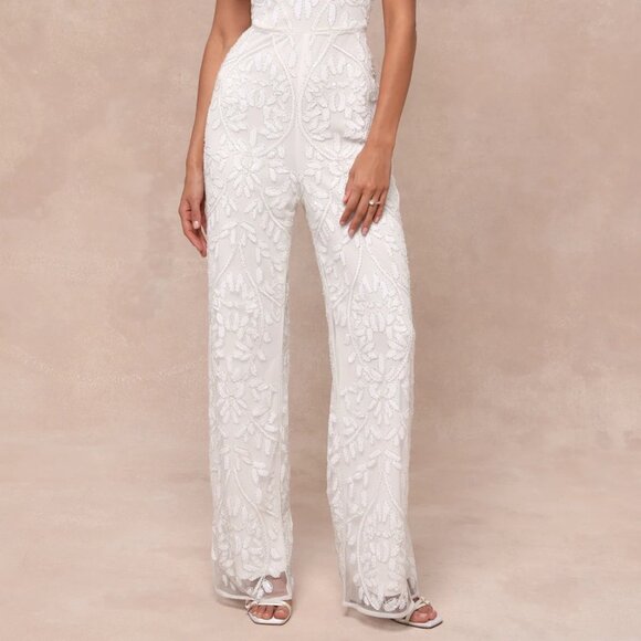 NWT XS Glittering Influence White Mesh Beaded Lace-Up Jumpsuit - Picture 5 of 8